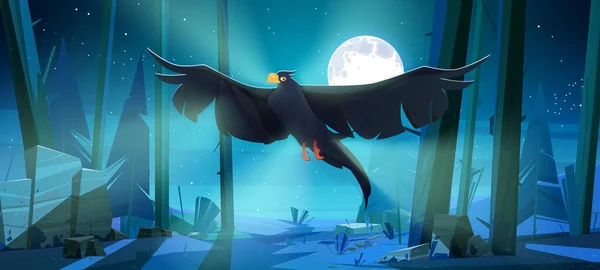 夜になると黒鳥が針葉樹林を飛ぶ 空に広がる翼 草や満月と野生のカラスと森の風景のベクトル漫画のイラスト — ストックベクタ