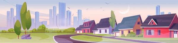 Distrito Subúrbios Com Casas Início Manhã Desenho Animado Vetor Ilustração —  Vetores de Stock