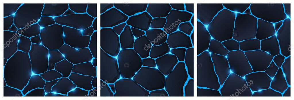 Cracked ground surface with blue magic glow seamless game textures. Abstract backgrounds with ruined land, dark stones with shiny light of plasma or molten lava in holes, Cartoon vector illustration