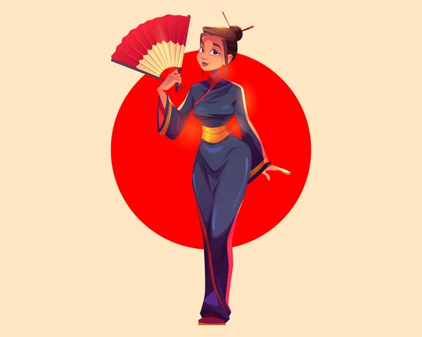 赤い円を背景に 扇子を手にした伝統的な着物姿のアジア人女性が立っている 若い魅力的な日本の女の子は民族衣装を着ている 日本の文化と伝統 漫画のベクトルイラスト — ストックベクタ