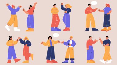 Konuşma baloncuklarıyla tartışan kızgın insanlar. Kavga kavramı, iki karakter arasındaki çatışma, çiftler. Erkek ve kadınların agresif tartışmalarıyla vektör düz illüstrasyon