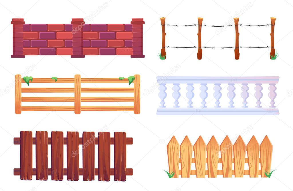 Wooden picket fence, barrier with barbwire, stone balustrade and brick wall. Vector cartoon set of different fences for garden, farm paddock, house terrace, backyard and ranch