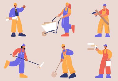 Kürekli, el arabalı, boya silindirli ve matkaplı inşaat işçileri. Yapıcı karakterlerin, tamircinin, mühendisin, ressamın ve marangozun vektör düz çizimi