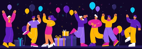 Gente Feliz Fiesta Nocturna Con Grandes Cajas Regalo Confeti Globos — Vector de stock