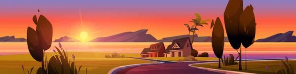 日没時に海港のビーチで村の家と夏の熱帯の風景 海の湾 湖や川の海岸 コテージ 緑の草 山と水平線上の太陽のベクトル漫画のイラスト — ストックベクタ