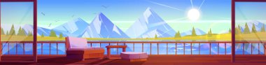 House terrace with couch and table on lake shore in mountain valley. Vector cartoon panoramic illustration of summer landscape with river, rocks and wooden cottage veranda with handrails