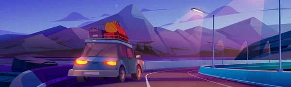 Night Road Trip Car Family Travel Auto Bags Roof Driving — Stok Vektör