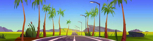 Summer Tropical Landscape Car Road Palm Trees Mountains Horizon Vector — Wektor stockowy