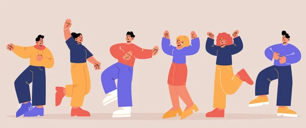 Щасливі Люди Танцюють Різних Позах Радіють Разом Векторні Плоскі Ілюстрації — стоковий вектор