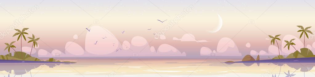 Tropical sea landscape with palm trees on shore in early morning. Vector cartoon illustration of seascape panorama, ocean lagoon or harbor, sand beach, flying birds and moon in sky