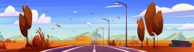 Autumn landscape with car road, street lights and mountains on horizon. Vector cartoon illustration of countryside panorama with asphalt highway, orange trees, fields and rocks