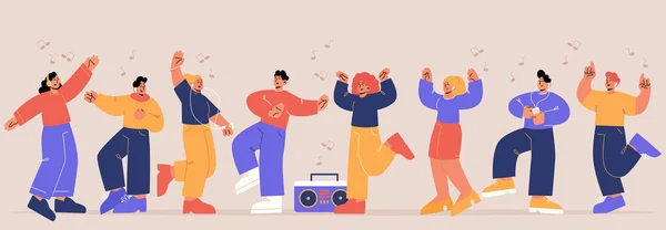 Happy Friends Dance Music Party Vector Flat Illustration Excited People — Vetor de Stock