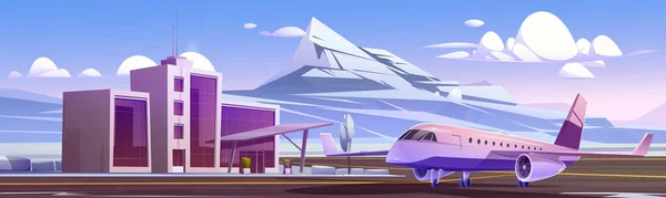 Airport Terminal Plane Runway Strip Winter Vector Cartoon Panoramic Illustration — Stok Vektör