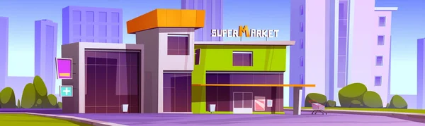 Supermarket Building Exterior City Street Vector Cartoon Illustration Summer Cityscape — 图库矢量图片
