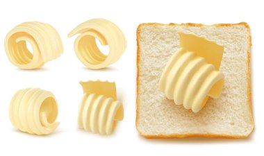 Square slices of bread for sandwich or toast with butter curl or rolled margarine 3D isolated vector set realistic illustration, top view, traditional breakfast food on white background.