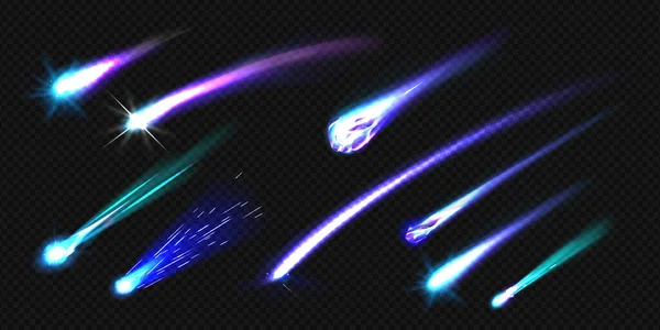 Flying Comets Asteroids Meteors Flame Trail Isolated Transparent Background Vector — стоковый вектор