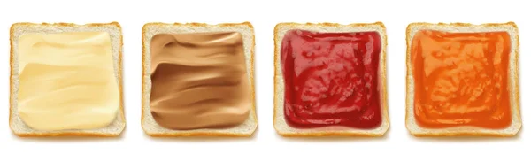 Square Slices Bread Sandwich Toast Peanut Butter Margarine Jam Marmalade — Image vectorielle