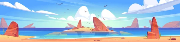 Морський Пляжний Пейзаж Камінням Маленький Піщаний Острів Воді Векторна Мультяшна — стоковий вектор