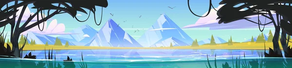 Horské Údolí Panorama Jezerem Jehličnany Siluetami Pralesa Vektorové Kreslené Ilustrace — Stockový vektor