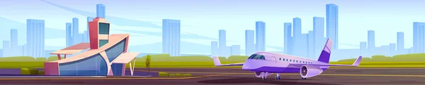 Small Airport Terminal Private Jet Landing Field Vector Cartoon Panoramic — Stok Vektör