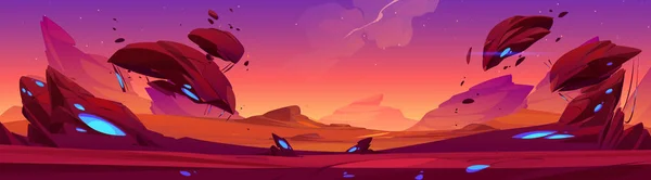 飛行石や輝く青い斑点を持つ外国人惑星の幻想的な風景 宇宙と惑星の表面のパノラマのベクトル漫画ファンタジーイラスト宇宙ゲームの背景 — ストックベクタ