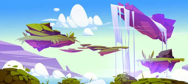 Fantasy Summer Landscape Floating Islands Green Grass Waterfall Vector Cartoon — Διανυσματικό Αρχείο