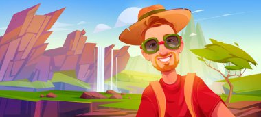 Tourist man with happy smiling face in sunglasses taking photo at scenery landscape with waterfall cascade falling from rock cliff into green valley. Traveler in journey Cartoon vector illustration