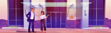 Company employees talk near office in business center, coffee break. Vector cartoon illustration of people at entrance of modern city building with glass canopy and double doors