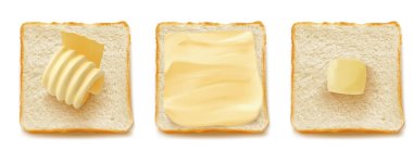 Square slices of bread for sandwich or toast with butter curl or rolled margarine 3D isolated vector set realistic illustration, top view, traditional breakfast food on white background.