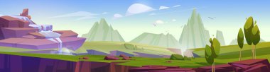 Mountain valley with waterfall, cracks in ground and trees. Vector cartoon panoramic illustration of summer landscape with green grass, rocks and water stream falling from cliff
