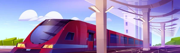 Modern Railway Station Platform Speed Train Vector Cartoon Illustration Summer — Διανυσματικό Αρχείο