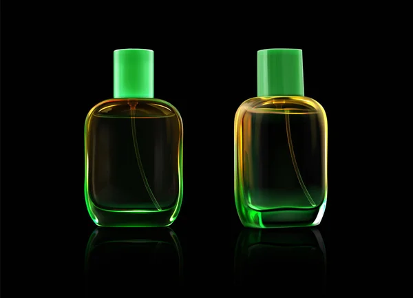 Glass Bottles Fragrance Perfume Cologne Cosmetic Spray Vector Realistic Mockup — Stockvector