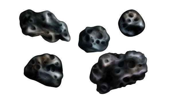 石の小惑星の現実的なベクターイラスト 白地に孤立したクレーターのアイコンが置かれた流星または宇宙岩 様々な形 — ストックベクタ