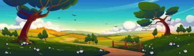 Rural landscape with green trees, agriculture fields, road and fence at sunrise. Vector cartoon panoramic illustration of summer scene of countryside, farmlands in morning