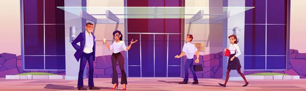 会社の従業員はビジネスセンターのオフィスに歩く ガラスキャノピーとダブルドアと近代的な都市の建物の入り口の人々のベクトル漫画のイラスト — ストックベクタ