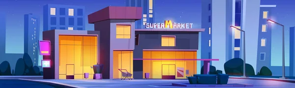 Edifício Supermercado Exterior Rua Noturna Cidade Desenho Animado Vetorial Ilustração — Vetor de Stock