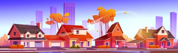 市郊街道上有住宅和城市在天际 带车库 桔树和道路的城郊村舍的秋季风景的矢量漫画 — 图库矢量图片