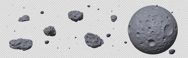 石子小行星带真实感矢量图解 太空巨石或岩石 有陨石坑 在没有重量的孤立图标中飞行 背景透明 形式多样 — 图库矢量图片