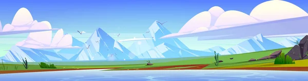 Летний Пейзаж Озером Зелеными Полями Скалами Горами Векторная Карикатура Панораму — стоковый вектор