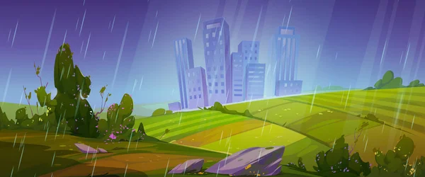 Summer scene with fields and city on skyline in rain. Vector cartoon illustration of countryside landscape with farm lands, green bushes, path and town at rainy weather