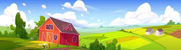 Sommer Ländliche Landschaft Mit Bauernscheune Grünen Landwirtschaftlichen Feldern Und Dorfhäusern — Stockvektor