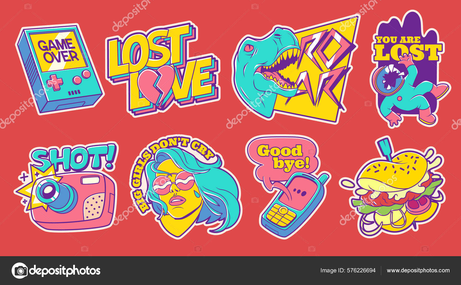 Vector Set of Cute Funny Patches and Stickers in 90s Style.Modern