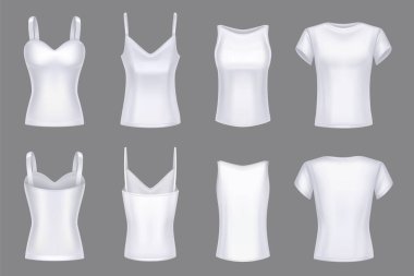 Kadınlar beyaz tişörtlü ön dikiz aynası. Boş şablon kadın giysileri, 3 boyutlu gerçekçi vektör izole çizimi, kısa kollu ve kayışlı üst, fincanlı büstiyer