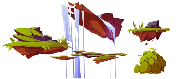Fantasia Ilhas Flutuantes Com Grama Verde Cachoeira Conjunto Ilustrações Desenhos —  Vetores de Stock