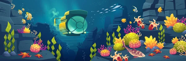 潜水艦 サンゴ 海洋植物や動物と水中の海の風景 海水浴場 水生動物と熱帯海洋底のシーンのベクトル漫画のイラスト — ストックベクタ