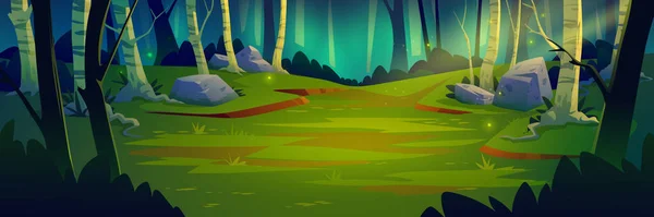 深い森の風景 漫画のベクトルイラスト おとぎ話や遊び心のある背景には 暗い森の厚さで 暗い木々や石の単一の線で ホタルを飛んで喜んで — ストックベクタ