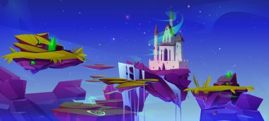 Sihirli şatosu ve yüzen adaları olan fantezi yaz manzarası. Kraliyet sarayı, yeşil çimenler ve gökyüzünde uçan şelale parçalarıyla vektör karikatür çizimi