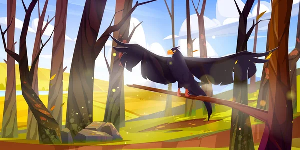 黑乌鸦在河岸上的秋天的森林里飞翔 树木和长有展开翅膀的野鸟的秋天风景的矢量漫画 — 图库矢量图片