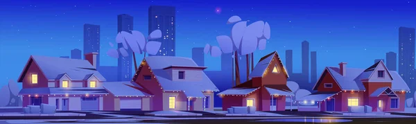 Casas Subúrbias Com Neve Decoração Natal Noite Desenho Animado Vetor — Vetor de Stock
