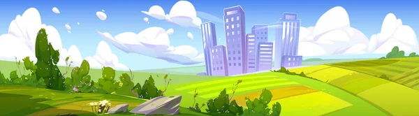 Summer landscape with fields and city buildings on skyline. Vector cartoon illustration of nature panorama with green bushes, farm lands, path and town on horizon